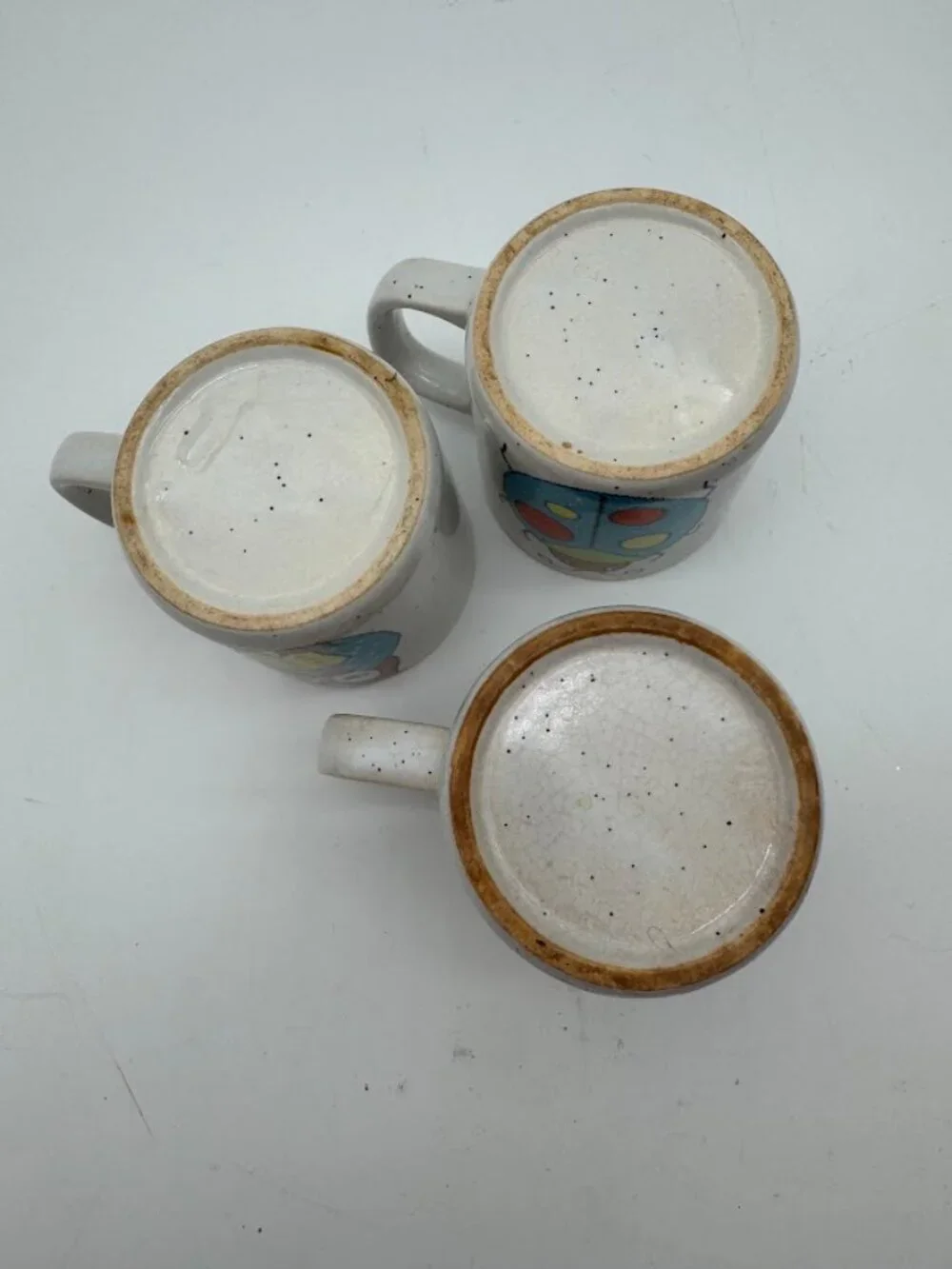 Vintage 1970s Speckled Stoneware Mug Set of 3 Owl Ladybug Bunny Retro Kitsch